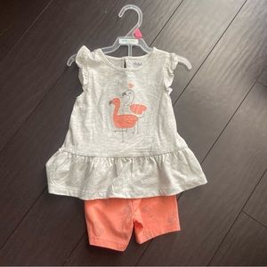 NWT Carter’s COM flamingo matching outfit: flutter sleeve top & bike shorts 18M